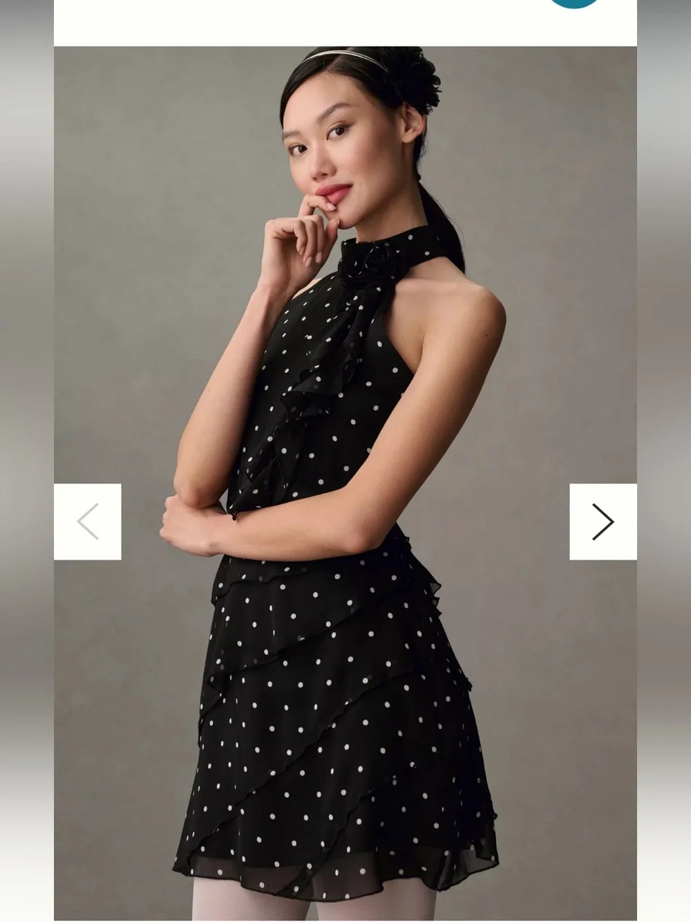 Maeve Dress - black/white polka dot “Maeve Halter Rosette Mini Dress”